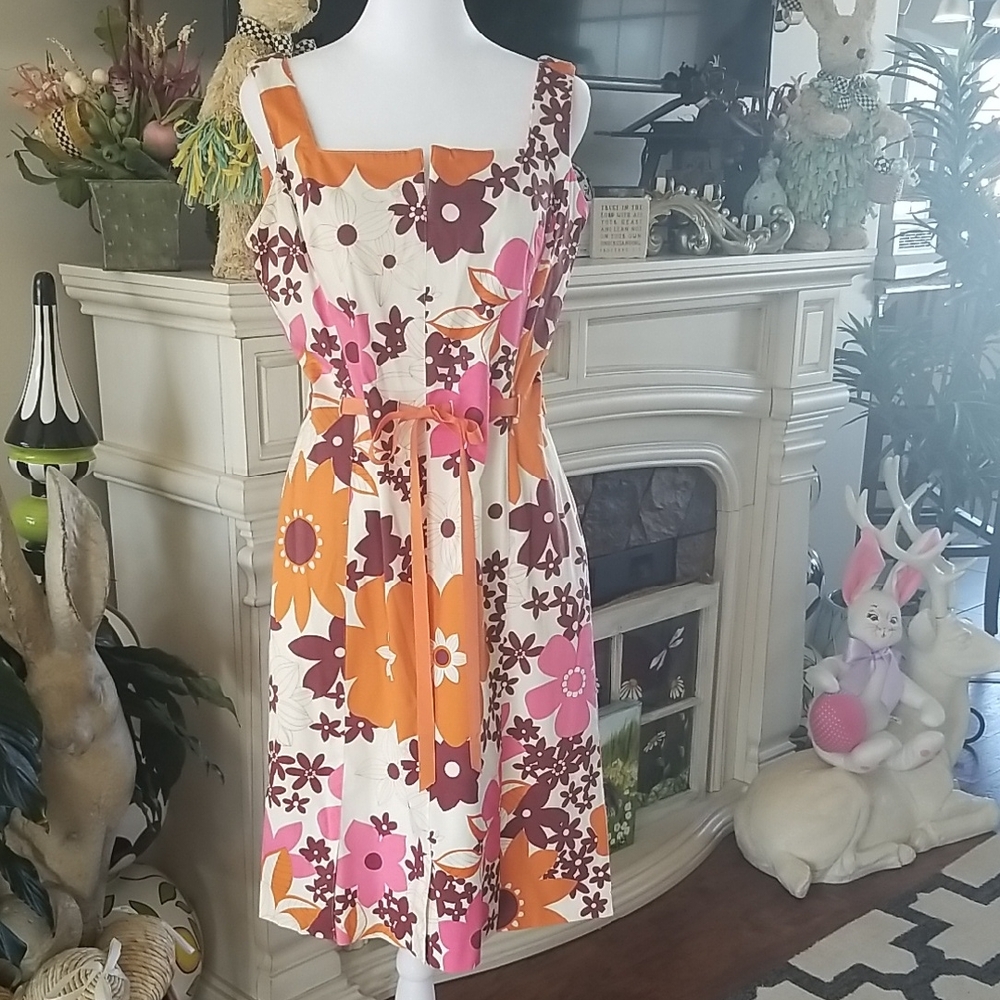 Vibrant Floral Midi Dress - Orange, Pink, Brown